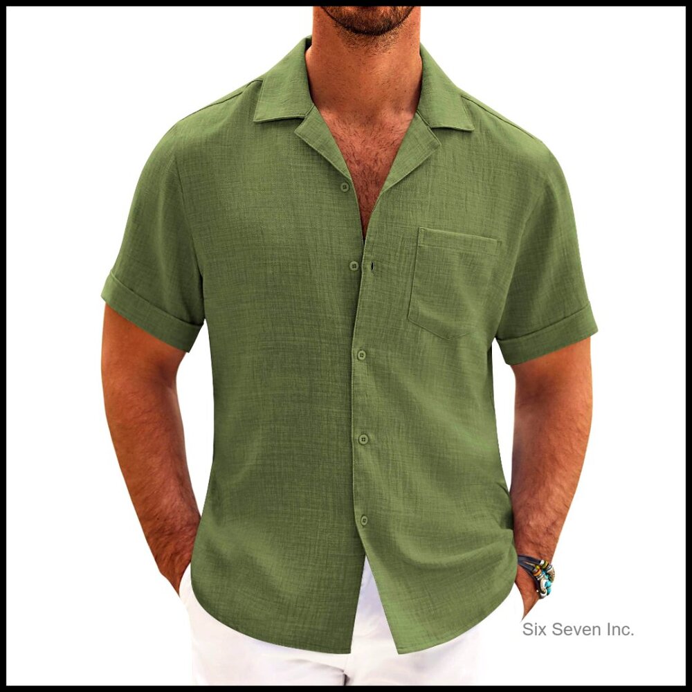 Casual Short Sleeve Button Down Shirt Linen Textured Summer Beach Wear